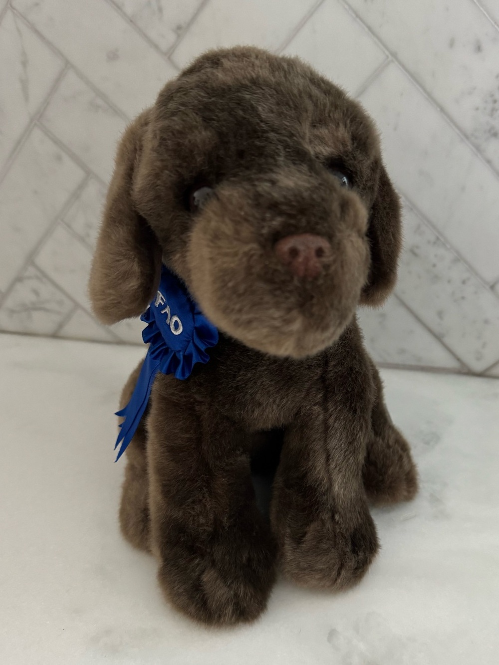 FAO Schwarz Brown Plush puppy Dog with Blue Ribbon